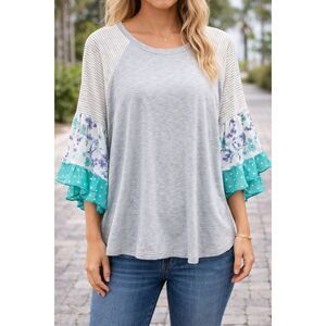 Oddy Polka-dot Floral Raglan Sleeve Top Gray S